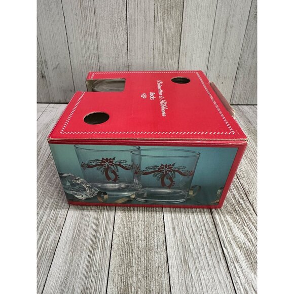 Vtg Anchor Hocking Poinsettia & Ribbons Rocks Glasses 3.25" Tall Barware Set 4 - Picture 2 of 10